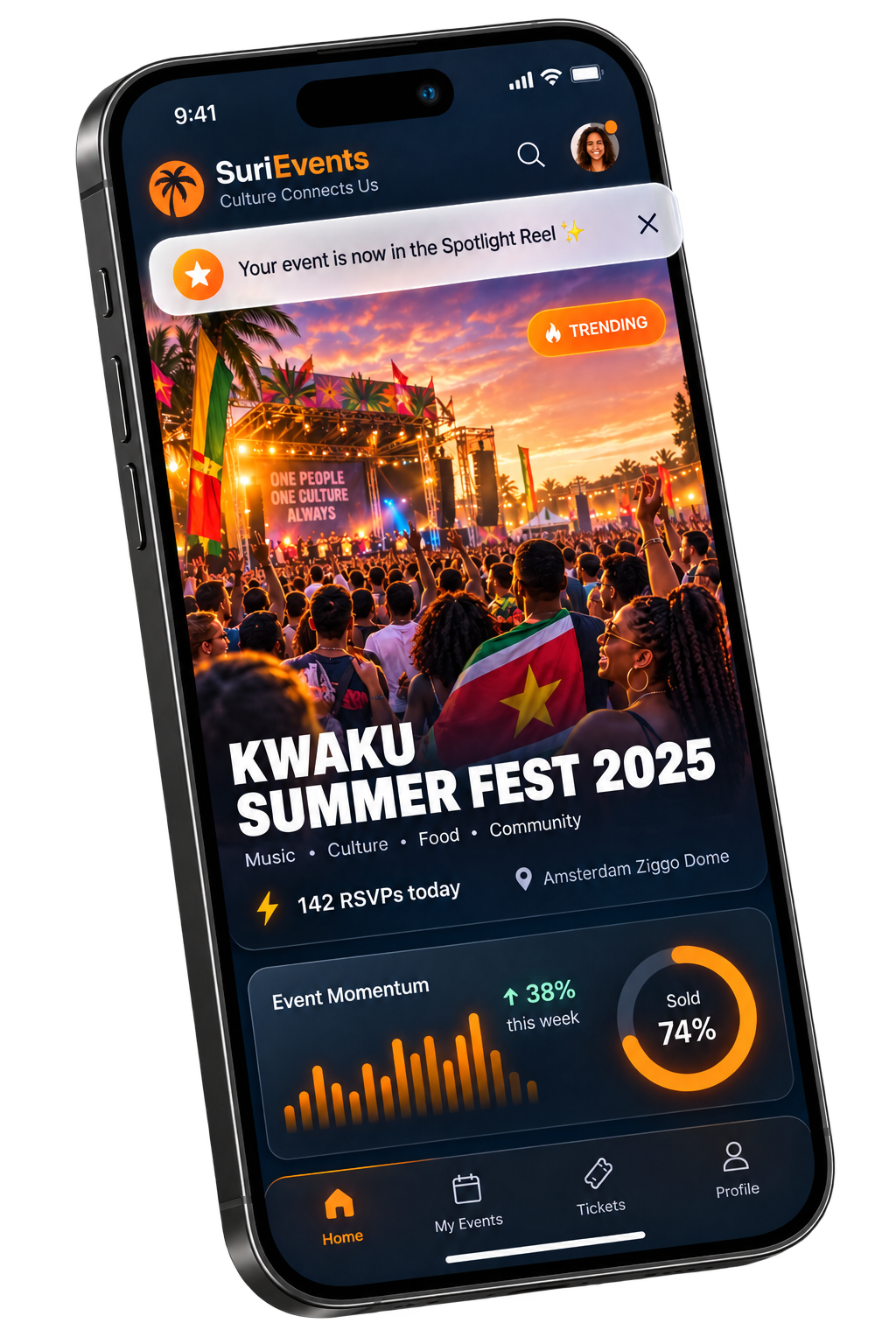 SuriAgenda organizer app — Kwaku Summer Fest event listing with spotlight reel and analytics